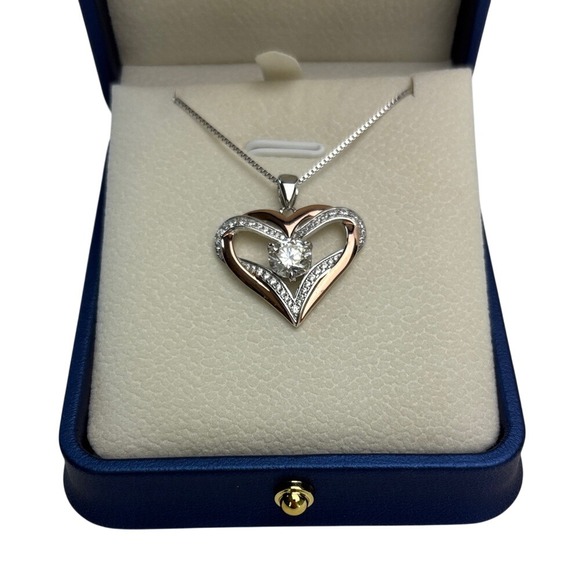 NEW Moissanite & Rose Gold Heart Necklace 1ct 925 Sterling‎ Silver 